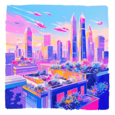 A skyline filled with sleek, futuristic skyscrapers rises against a twilight sky. The towering buildings have glass exteriors reflecting vibrant hues of purple and orange. Among the skyscrapers, several flying vehicles zip through the air, showcasing streamlined designs with glowing lights. The scene captures a dynamic city alive with modern architecture and advanced technology. In the foreground, a rooftop garden with lush greenery contrasts with the urban landscape.