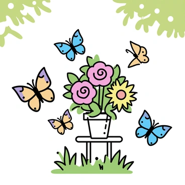 A vibrant bouquet of birthday flowers, including pink roses and yellow daisies, is placed on a small table in a lush garden. Several colorful butterflies, with intricate wing patterns in shades of blue, orange, and yellow, flutter around the flowers. The setting is bright and cheerful, filled with greenery and soft sunlight filtering through the leaves above.