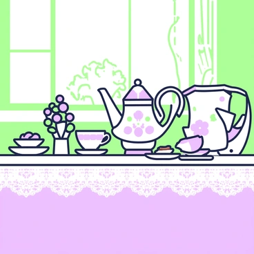 A vintage tea party scene is set on a wooden table draped with a lace tablecloth. In the center, there is a delicate china teapot adorned with floral patterns, accompanied by matching teacups. Among these, a coffee cup is placed, featuring a unique design that contrasts with the china set. Surrounding the teapot are small plates of assorted pastries and finger sandwiches. A bouquet of fresh flowers in a small vase adds a charming touch to the arrangement. Soft light filters through an open window, illuminating the intricate details of the china and the treats on the table.