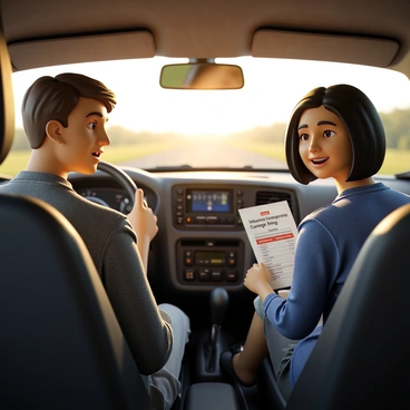 A teenage driver receiving insurance coverage information from a smiling parent