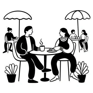 Stylish friends enjoying coffee at an outdoor café in chic outfits