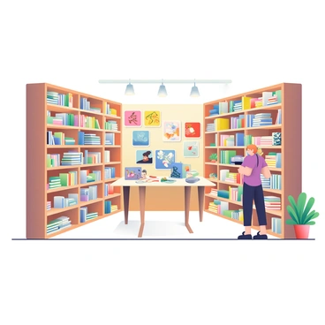A museum gift shop features tall wooden shelves filled with a variety of illustration-themed merchandise and books. The shelves are neatly organized, displaying colorful art prints, sketchbooks, and illustrated children's books. A large display at the center showcases art supplies, including vibrant markers and watercolor sets. Near the front counter, there is a small table with sample artwork on display for patrons to browse. Soft lighting illuminates the products, highlighting their details and colors, while a few potted plants are positioned around the shop to add a touch of greenery.
