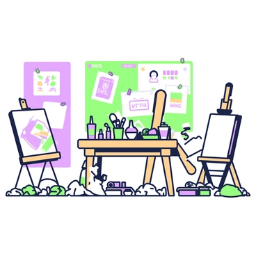 A messy artist studio with completed illustrations pinned to a corkboard