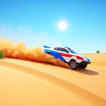 A rally car with a sleek design, featuring bold racing stripes, is navigating over rolling sand dunes. The car is kicking up a cloud of dust as it speeds across the sandy terrain. The sun shines brightly in a clear blue sky, casting strong shadows on the dunes. The landscape is characterized by smooth, undulating hills of sand, with some tufts of dry grass peeking through. The overall scene captures the intensity of the rally race in a desert environment.