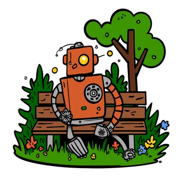 A rusty robot with a weathered metallic surface is sitting on a wooden bench. The robot has exposed gears and wires, showcasing its mechanical parts. It has a single, glowing eye that adds a hint of personality. Surrounding it is lush greenery, with vibrant leaves and colorful flowers. The sunlight filters through the trees, creating dappled light on the robot and the bench, enhancing the tranquil atmosphere of nature around it.