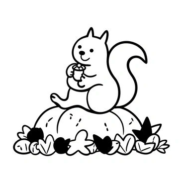 A playful squirrel holding an acorn sits atop a pile of autumn leaves. The leaves are scattered around, varying in shape and size. The ground is covered with a thick layer of these leaves, creating a textured surface. The squirrel's fur is fluffy, and it has a bushy tail curled behind it. The acorn is clutched tightly in its paws, and the scene conveys a sense of whimsy and liveliness.