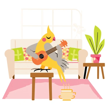 A cockatiel with a bright yellow crest and gray feathers is perched on a small wooden stool, strumming a miniature guitar. The living room features soft, warm lighting, with a plush, colorful rug underfoot. A comfortable couch with patterned cushions sits in the background, adorned with a few throw pillows. On a nearby coffee table, there are a couple of books and a steaming cup of tea. A potted plant with vibrant green leaves is placed in the corner, adding a touch of nature to the cozy atmosphere. The scene captures the playful spirit of the cockatiel, fully engaged in its musical performance.