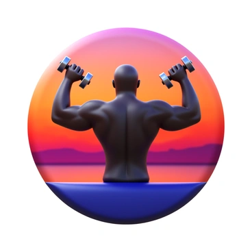 A silhouette of a person performing hammer curls with dumbbells. The setting features a vibrant sunset backdrop showcasing a gradient of orange, pink, and purple hues in the sky. The person's posture is strong and focused, with one arm bent at the elbow while holding the dumbbell, and the other arm in a similar position. The outlines of the person's muscles are subtly defined against the light, creating a striking contrast with the colorful sky. The ground is level and flat, suggesting an outdoor environment where the scene takes place.