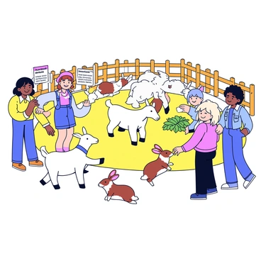 A petting zoo scene featuring a variety of animals. There are several goats with fluffy white fur and small horns, wandering around. Nearby, a group of cute rabbits with soft brown and white fur are hopping around, some nibbling on fresh greens. Visitors, including children and adults, are gently petting the animals, with smiles on their faces. A wooden fence surrounds the area, and a few colorful signs provide information about the animals. Bright sunlight illuminates the scene, creating a cheerful atmosphere.