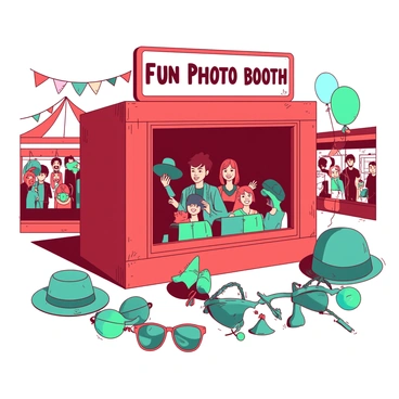 A red photobooth is set up at a bustling fairground, surrounded by colorful decorations. The booth has a large, bright sign above it that reads "Fun Photo Booth" in playful lettering. In front of the photobooth, a variety of props are displayed, including oversized glasses, vibrant hats, and whimsical masks, all in shades of teal. There is a cheerful group of diverse individuals posing with the props, smiling as they hold up their favorite accessories. Brightly colored balloons float in the background, adding to the lively atmosphere of the fair.