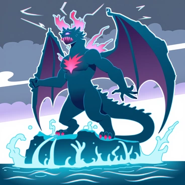 A Balrog standing on a secluded island surrounded by crashing ocean waves