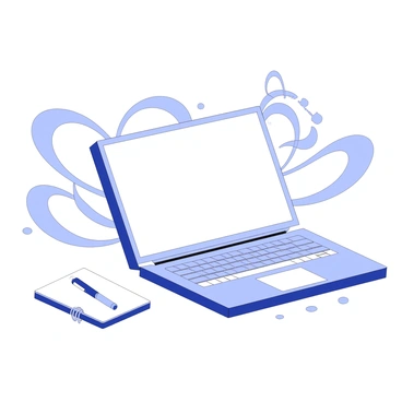 An open laptop is positioned on a desk, displaying a blank screen. From the screen, digital waves are radiating outward in smooth, flowing patterns. The waves appear to be emanating positive energy, visually represented by dynamic curves and shapes that suggest movement and vibrancy. The laptop has a sleek design with a keyboard that is clearly visible, and the surrounding environment includes a simple workspace setup with a few scattered items like a notebook and a pen.