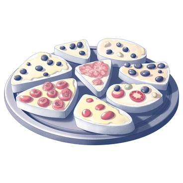A large platter with assorted focaccia, each with different toppings like olives, tomatoes, and cheese