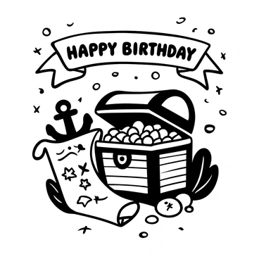 A treasure chest overflowing with gold coins and jewels is positioned prominently in the center. Next to the chest, an old treasure map is partially unrolled, revealing intricate markings and symbols. In the background, there are various pirate-themed elements, such as a ship anchor and a skull and crossbones flag. The words "Happy Birthday" are displayed on a banner above the chest, surrounded by decorative elements like stars and waves.