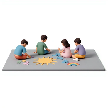 A group of four children, two boys and two girls, is sitting on a gray sidewalk, surrounded by colorful chalk pieces. One boy, wearing a blue t-shirt and red shorts, is drawing a large sun with yellow chalk, while the other boy, in a green t-shirt and blue jeans, is working on a blue dragon. One girl, dressed in a pink dress, is carefully sketching flowers in bright colors, and the other girl, wearing a purple shirt and yellow shorts, is adding a rainbow to the scene. The sidewalk is filled with vibrant colors, showcasing their creativity and joy.