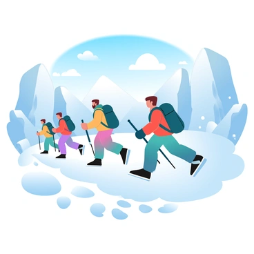 An adventurous team of explorers trekking through the Arctic wearing warm gear
