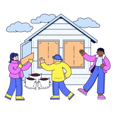 A group of residents boarding up windows with wooden planks and securely fastening them with screws. They are wearing raincoats and gloves, focusing on their task. Some residents are filling sandbags with soil, creating a small pile of sandbags beside a home. The house is a simple, single-story structure with a light-colored exterior. Dark clouds gather overhead, indicating an approaching storm.