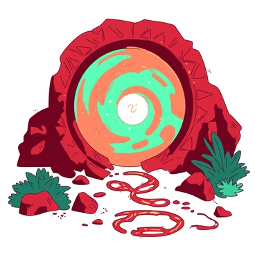 A red portal with intricate designs is centered in the image, glowing with an intense light. Swirling within the portal are vibrant teal and orange hues that create a mesmerizing effect. Surrounding the portal, there are mystical, glowing runes etched into the ground, casting faint shadows. In the foreground, lush green plants and rocks frame the portal, adding depth to the scene. The atmosphere is filled with sparkling dust motes that shimmer in the light emitted by the portal.