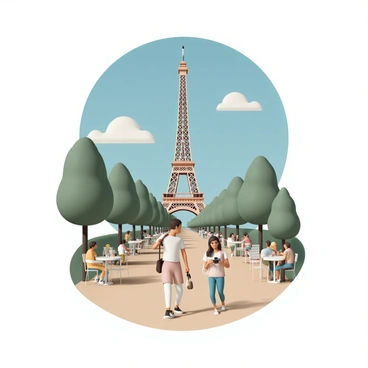 A vintage travel poster featuring an illustrated scene of the "Eiffel Tower." The tower is prominently displayed, rising majestically against a bright blue sky. In the foreground, there are people walking along a tree-lined path, some taking pictures with cameras. There are café tables with patrons enjoying drinks, and a couple sitting closely together, sharing a moment. Soft clouds drift in the background, adding to the charm of the scene. The overall color palette is warm, with earthy tones and pops of green from the trees.