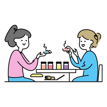 Frances and her friend tasting different flavors of homemade jam on slices of fresh bread.