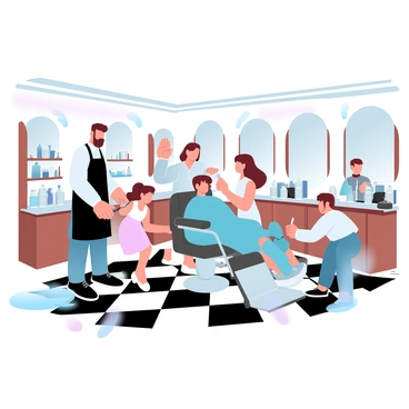 A family of four is engaged in cutting hair in a classic barbershop. The father, wearing a black apron, is cutting a client's hair with scissors while standing next to a vintage barber chair. The mother is sweeping the floor with a broom, collecting fallen hair. A young girl is arranging hair products on a shelf, and a boy is playfully handing a comb to one of the barbers. The interior features checkered black and white tiles and wooden barber poles, creating a warm and inviting atmosphere. Along the walls, there are mirrors reflecting the bustling environment, with a few clients sitting in chairs, chatting and enjoying the experience.