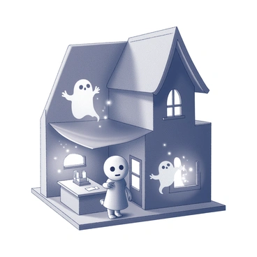 A small toy figure resembling "Polly Pocket" is standing inside a miniature haunted house. The house is intricately designed with a crooked roof and tiny windows that appear dark and foreboding. Ghostly figures, depicted as wispy shapes with vague silhouettes, are hovering around the rooms, giving an eerie yet playful atmosphere. Cobwebs can be seen in the corners of the rooms and between the furniture, adding to the haunted aesthetic. The interior is filled with tiny details like miniature furniture and spooky decorations, enhancing the sense of exploration.