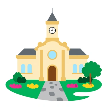A classic town hall facade featuring a tall clock tower with a large clock face. The building's exterior is made of light-colored stone with ornate architectural details, including columns and arched windows. In front of the town hall, there are beautifully landscaped gardens filled with colorful flower beds and neatly trimmed hedges. A cobblestone pathway leads through the gardens, connecting to the entrance of the town hall. Small trees with lush green leaves are strategically placed throughout the garden area.