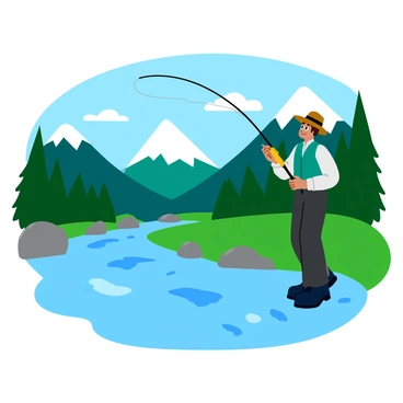 A fly fisherman wearing a green vest and a wide-brimmed hat is skillfully casting his line in a clear mountain stream. The water is sparkling with reflections of the blue sky and surrounding green trees. The fisherman’s fishing rod is bent slightly as he casts the line gracefully over the water. In the background, tall mountains with patches of snow rise majestically against the horizon. Gentle ripples can be seen on the surface of the stream where the line lands. Small rocks and pebbles are visible beneath the clear water, adding detail to the serene scene.