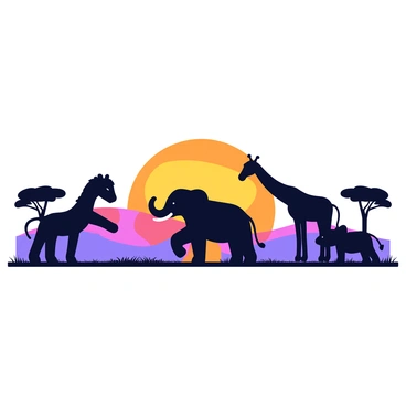 A series of silhouettes depicting various African animals, including a lion, an elephant, and a giraffe. The animals are positioned in dynamic poses, showcasing their unique shapes. The background features a vibrant sunset with shades of orange, pink, and purple blending into each other. The savannah is illustrated with sparse grass and a few acacia trees, adding depth to the scene.