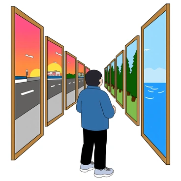 A person with dark hair is standing in front of an infinite series of mirrors. Each mirror reflects a slightly different scene, creating a mesmerizing effect. The person is wearing a blue jacket and black pants, and they have a curious expression as they gaze into the reflections. One mirror shows a vibrant sunset, while another displays a busy city street. The next mirror features a serene forest, and yet another reveals a sparkling ocean. The reflections are colorful and vivid, making the overall scene dynamic and engaging.