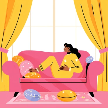 Priscilla is relaxing on a plush, velvety sofa with intricate patterns. The room is adorned with luxurious silk drapes that hang elegantly from the windows, gently pooling on the floor. Rich, warm colors dominate the space, creating a cozy atmosphere. Soft light filters through the drapes, casting delicate shadows on the walls. Various ornate cushions are spread around the sofa, adding to the comfort of the setting. A decorative rug lies beneath the sofa, enhancing the room's opulence.