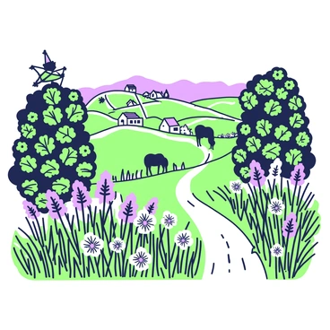 A woodcut print featuring a pastoral scene filled with intricate foliage. The composition includes rolling hills in the background, dotted with farmhouses and grazing animals. There are clusters of trees with detailed leaves, framing the scene. In the foreground, wildflowers bloom among lush grasses, creating a natural tapestry of shapes and textures. A winding path leads through the landscape, inviting viewers to explore the serene setting.