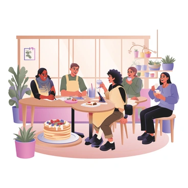 A digital flat illustration depicting a cheerful brunch spot filled with vibrant colors and lively energy. In the foreground, an artist is sitting at a small round table, sketching customers who are enjoying their meals. The artist has curly hair and is wearing a yellow apron, focused intently on their drawing. To the left, a couple is sharing a large pancake stack topped with fresh fruits and whipped cream, smiling at each other. To the right, a group of friends is laughing while sipping colorful smoothies and coffee. Sunlight filters through large windows, casting warm light on the wooden floors and the assortment of potted plants adorning the corners of the space, creating a welcoming atmosphere.