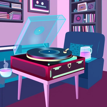 A vintage turntable with ornate wood accents and brass components is set on a small wooden table. The turntable is spinning a classic vinyl record, which has a glossy, black surface reflecting the warm light. Soft, ambient lighting fills the room, creating a cozy atmosphere. A plush armchair is positioned nearby, adorned with a knitted throw blanket. The walls are lined with shelves filled with various vinyl records and nostalgic decor. A warm cup of tea rests on the table beside the turntable, steam gently rising from it, adding to the inviting evening scene.