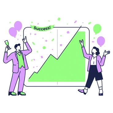A group of people is celebrating around a giant upward-trending financial chart. The chart is prominently displayed in the center, showing a bold green line ascending continuously. To one side, a man wearing a suit is holding a champagne flute, raising it high with a cheerful smile. On the opposite side, a woman in business attire is clapping her hands, clearly excited about the positive trend. In the background, several balloons are floating, contributing to the festive atmosphere. Confetti is falling from above, adding a celebratory touch to the environment. There are also festive banners hanging that read "Success!" and "Growth!"