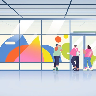 An art installation made of colorful geometric shapes is adorning the walls of a modern metro station. The installation features large, bold triangles and circles in vibrant shades of blue, orange, and yellow, creating an eye-catching pattern. Bright LED lights are embedded within the shapes, casting a dynamic glow throughout the station. The sleek, polished concrete floor reflects the colors of the installation, enhancing the overall visual impact. Commuters are seen walking past the installation, some stopping to admire the artwork. Large glass panels separate the platform from the installation, providing a clear view of the vibrant display.