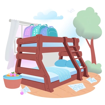 A bunk bed made of wooden logs is set up in a rustic cabin, with two levels of mattresses neatly arranged. On the top bunk, colorful kids' rucksacks are lined up, showcasing bright patterns and various textures. The bottom bunk features a cozy blanket draped neatly. Natural light filters through a window, casting soft shadows on the wooden floor. Nearby, a small table has a bowl of fresh fruit, and a few crumpled papers with drawings are scattered around, hinting at playful activity. A large tree can be seen through the window, adding to the camp atmosphere.