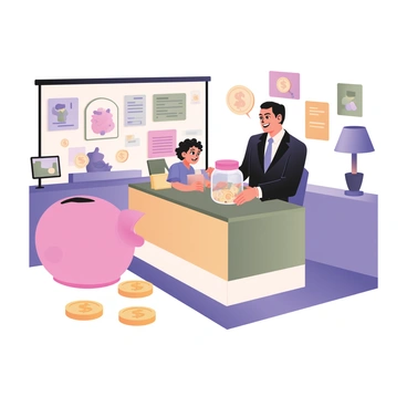 A child is sitting at a large, colorful table in a playful bank setting, surrounded by bright decorations. The child has curly hair and is wearing a blue shirt with yellow shorts. There is a friendly banker, who has short black hair and is wearing a dark suit with a light blue tie, sitting across from the child. The banker is showing the child a clear jar filled with coins and colorful paper bills. Various playful bank elements are visible, including a large, cartoonish piggy bank and a wall with cheerful illustrations of money and savings. There are also oversized gold coins scattered around the floor, and the atmosphere is vibrant and engaging, encouraging financial education.