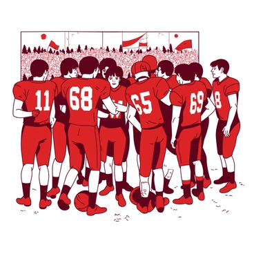 A red football team is huddled together on a grassy field, preparing for a match. The players are wearing matching red uniforms with white numbers. Each player has a focused expression, discussing strategy and encouraging one another. The background features a blurry view of a cheering crowd, with some fans waving banners. The scene captures the intensity and camaraderie of the moment, with players leaning in close to hear each other's voices.