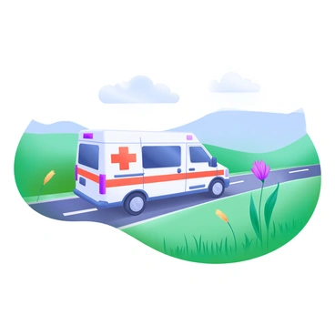 A medical transport van is driving down a quiet, rural road lined with lush green fields. The van is white with a red cross symbol on the side, representing its medical purpose. Tall grasses sway gently in the breeze on either side of the road, and a few wildflowers add bursts of color to the landscape. In the background, there are distant rolling hills and a clear blue sky with a few fluffy white clouds. The scene conveys a sense of calm and purpose as the van makes its way through the peaceful countryside.