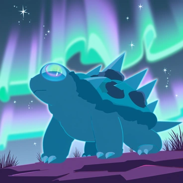 A large Blastoise with a blue shell and powerful cannons on its back is positioned prominently in the foreground. Its eyes are focused upwards, reflecting the vibrant colors of the aurora borealis. The night sky is filled with swirling greens, purples, and blues, casting a mesmerizing glow over the scene. Below, the ground is a mix of rocky terrain and patches of grass, adding texture to the landscape. The atmosphere is tranquil, with stars twinkling in the sky, complementing the display of the aurora.