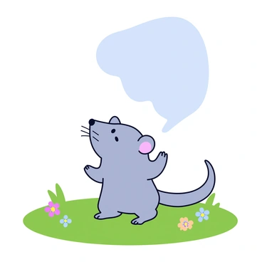 A tiny mouse with soft gray fur stands on its hind legs in a green meadow. The mouse has large, expressive eyes and tiny whiskers that twitch with determination. Above the mouse, there is a large shadow cast by an unseen figure, creating a stark contrast against the vibrant grass. The meadow is dotted with small wildflowers in various colors, adding to the tranquil yet tense atmosphere of the scene.