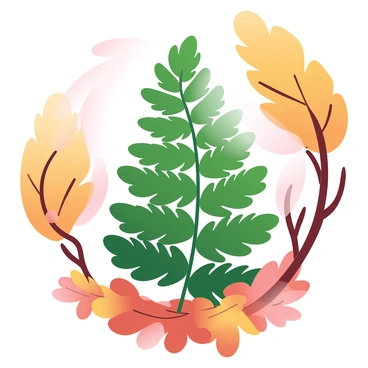 A lush green fern is positioned prominently in the center of a rich autumn landscape. Surrounding the fern are trees with leaves transforming into warm golden hues, varying from deep yellow to amber. The ground is blanketed with fallen leaves that create a colorful tapestry in shades of orange, red, and brown. Soft sunlight filters through the branches, casting gentle shadows on the fern and enhancing the vibrant colors of the surrounding foliage.