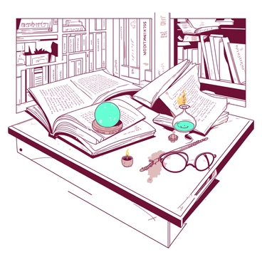 A white desk is cluttered with multiple open books, each displaying intricate illustrations and handwritten notes. Various magical artifacts are scattered across the surface, including a teal crystal ball, an ornate silver wand, and a small brass hourglass with sand visibly flowing inside. A pair of round glasses sits atop one of the open books, and a flickering candle emits a gentle light, casting shadows of the items around. In the background, the wall is adorned with shelves filled with more books and peculiar objects, contributing to the enchanting atmosphere.