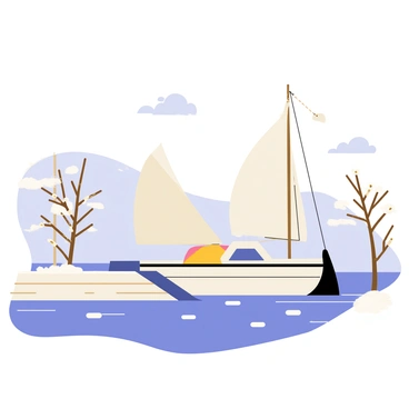 Un voilier avec une coque blanche, recouvert d'une fine couche de givre, est amarré dans un port tranquille. Les eaux sont calmes et reflètent les nuances de bleu du ciel d'hiver. Des flocons de neige tombent doucement autour du voilier, créant une atmosphère hivernale. Des arbres dépouillés de leurs feuilles bordent le port, avec des branches légèrement saupoudrées de neige. Un quai en bois, partiellement gelé, s'étend vers le voilier, ajoutant une touche de réalisme à cette scène d'hiver.