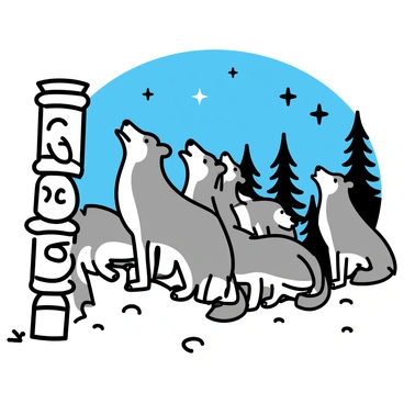 A group of five wolves, with thick gray fur, standing on a rocky outcropping. The wolves have their heads raised, howling into the night sky. In the background, there are silhouettes of tall pine trees against a dark blue sky filled with stars. A traditional Native American wooden totem pole, intricately carved, stands beside the wolves, adding cultural context to the scene.