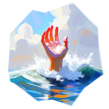A massive hand is emerging from the ocean waves, its fingers crafted from the cresting foam and swirling water. The hand is reaching upward toward a bright sky, with sunlight glinting off the surface of the waves. The ocean is turbulent, with rolling waves crashing around the hand, creating a dynamic sense of motion. The sky is painted with vibrant hues of blue, dotted with fluffy white clouds. The scene captures the contrast between the powerful ocean and the ethereal quality of the hand reaching towards the heavens.