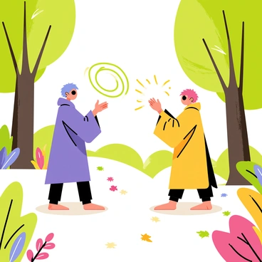 Two students are standing in a forest clearing, surrounded by lush green trees and colorful flowers. One student has bright blue hair and is wearing a purple robe, casting a swirling emerald green spell from their outstretched hand. The second student has red hair and is dressed in a yellow robe, firing a sparkling orange spell in response. Colorful beams of light and magical sparks burst between them, illuminating the scene with vibrant hues. The forest floor is scattered with fallen leaves and the sunlight filters through the branches overhead, creating a whimsical atmosphere.