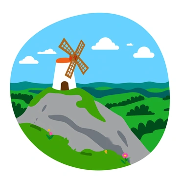 A white windmill with large, wooden blades stands atop a rugged mountain peak. The windmill is surrounded by green grass and small wildflowers that gently sway in the breeze. Below the mountain, sweeping valleys stretch out, filled with patches of vibrant green fields and clusters of trees. The sky above is bright blue with fluffy white clouds scattered throughout. The overall scene captures a sense of height and openness, highlighting the contrast between the windmill and the expansive landscape below.