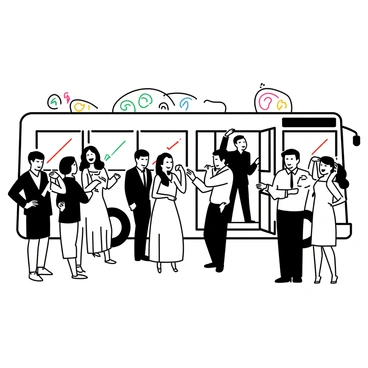 A cheerful group of wedding guests is gathered around a large bus. They are dressed in formal attire, with men wearing suits and ties, and women in elegant dresses. Some guests are laughing as they board the bus, while others are adjusting their outfits or fixing their hair. The bus has an open door, inviting the guests to enter. There are colorful decorations on the bus, and in the background, a glimpse of a wedding venue is visible.